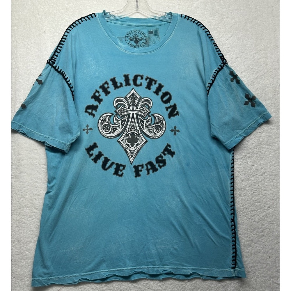 Affliction Mens Size 2XL Blue Short Sleeve Distressed Angel Wings T Shirt (J5)